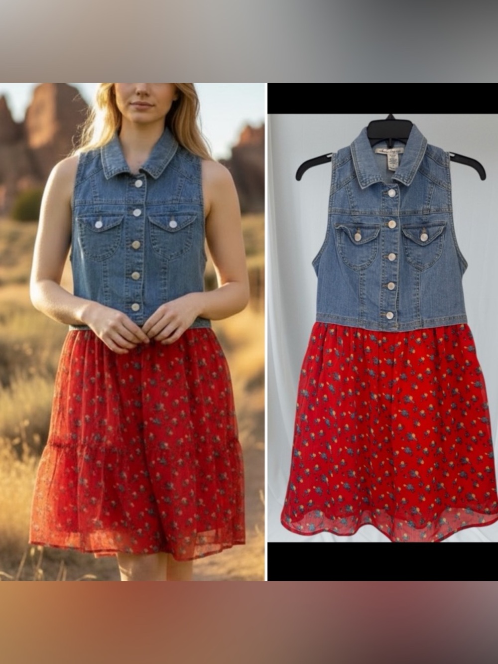SLEEVELESS DRESS DENIM TOP, RED FLORAL SKIRT. AMERICAN RAG SMALL, RODEO, WESTERN